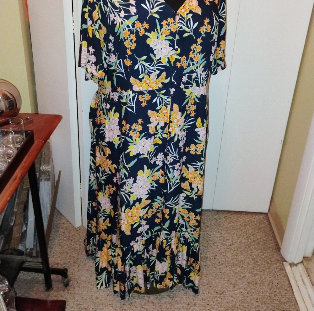 Navy and Yellow Floral Midi Dress